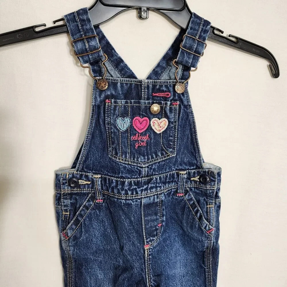 OshKosh Bgosh Toddler Girls Vestbak Overalls 18mo Blue Denim Embroidered Hearts
